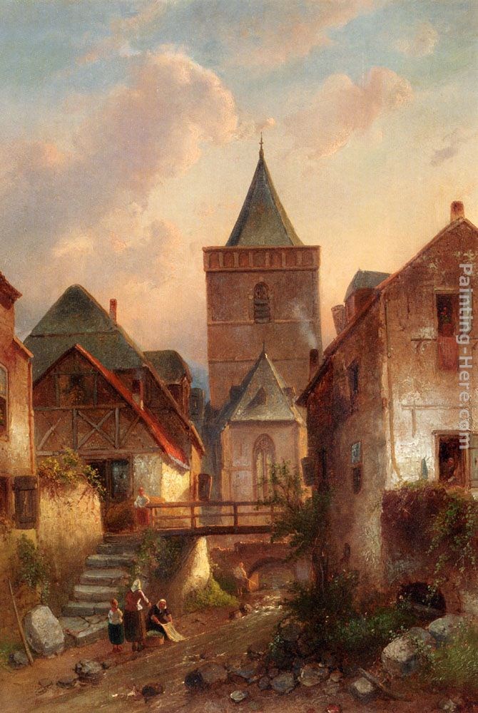 Charles Henri Joseph Leickert View In A German Village With Washerwomen